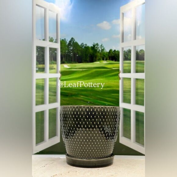 Diamantito Black/Gray Ceramic Planter Pot with Saucer Attached - Picture 1 of 9